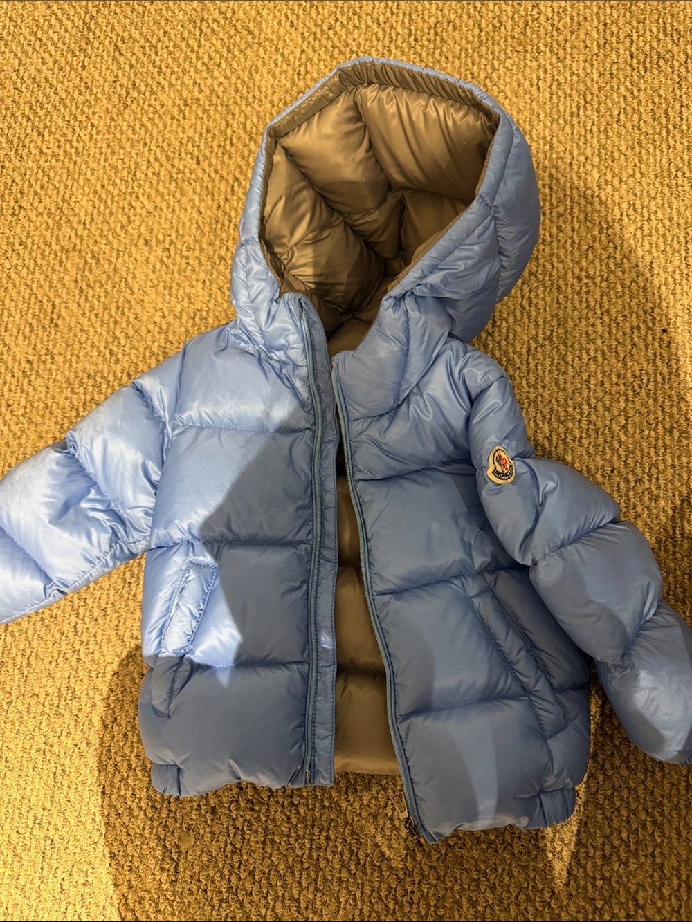 Moncler Kids Sky Blue Hooded Puffer with Tan Interior